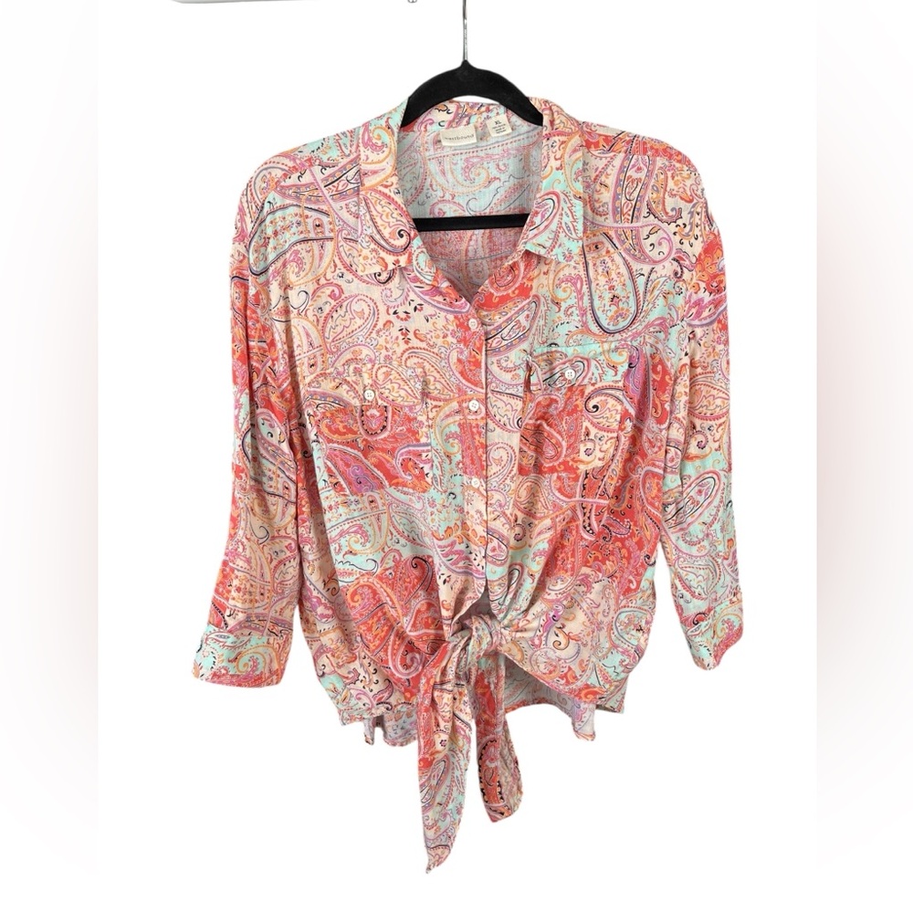 WESTBOUND Tie Front Button Down Roll Tab 3/4 Sleeve Top XL